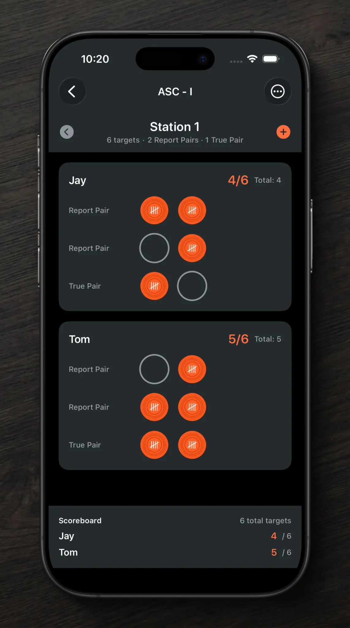 TallyBird app scoring interface — Station 1 scorecard view